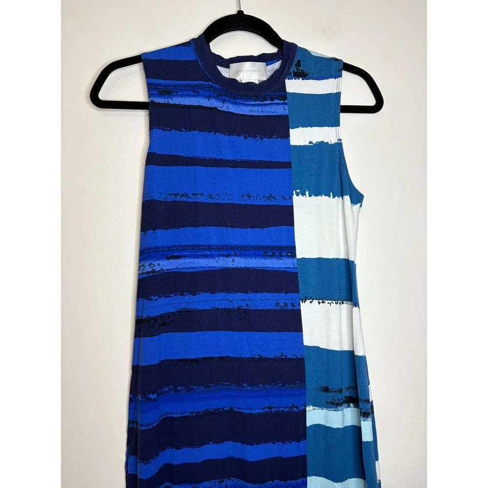 Corey Lynn Calter Blue Stripe Sleeveless Midi‎ Dress Small Made in USA Stretch
